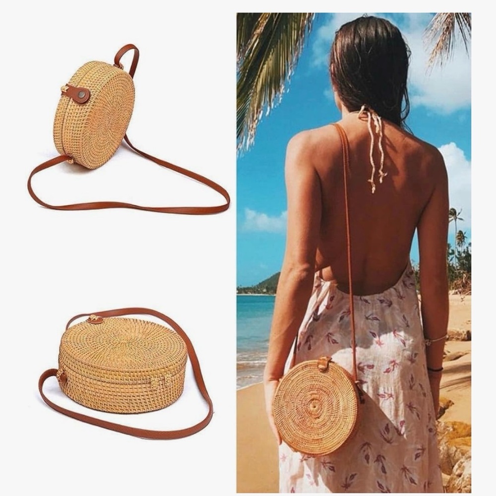Handwoven Round Rattan Crossbody Bag with Tan Leather Strap Boho Travel Purse - Picture 2 of 8